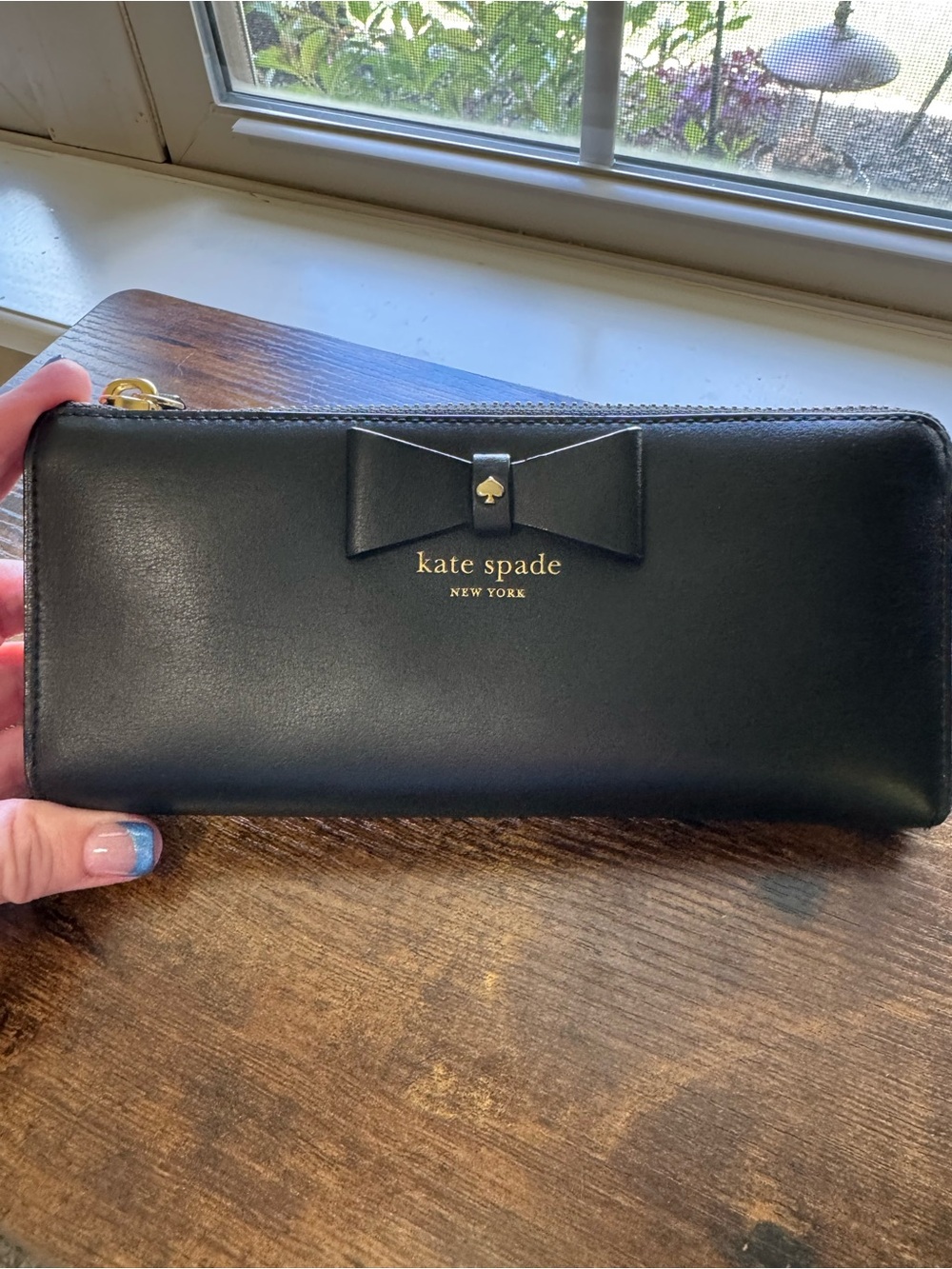 Kate Spade Black Leather Bow Continental Zip Around Wallet